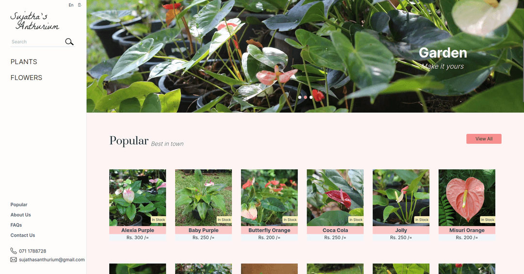 screenshot showing form sujathas-anthurium website